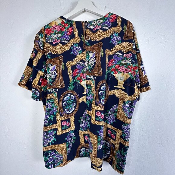 Vintage S.G. Sport Collection Womens Floral & Gold Frame Print Top Large 14/16 - Picture 2 of 7
